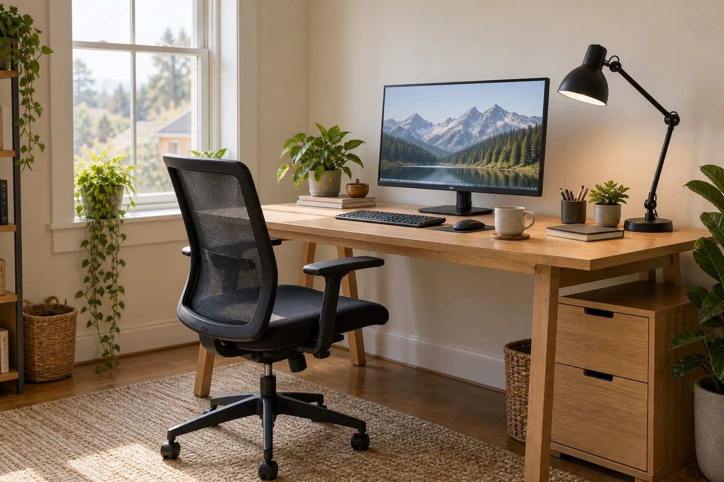 Illustrative workspace with a light wood desk, mesh chair, monitor, and task lamp beside a sunlit window.
